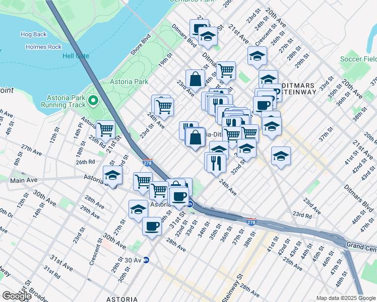 map of restaurants, bars, coffee shops, grocery stores, and more near 24th Avenue in Queens