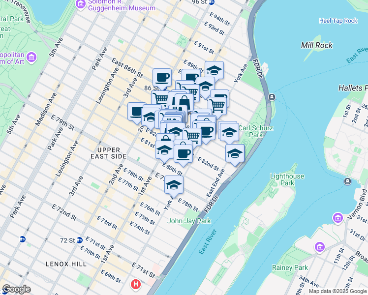 map of restaurants, bars, coffee shops, grocery stores, and more near 408 East 82nd Street in New York