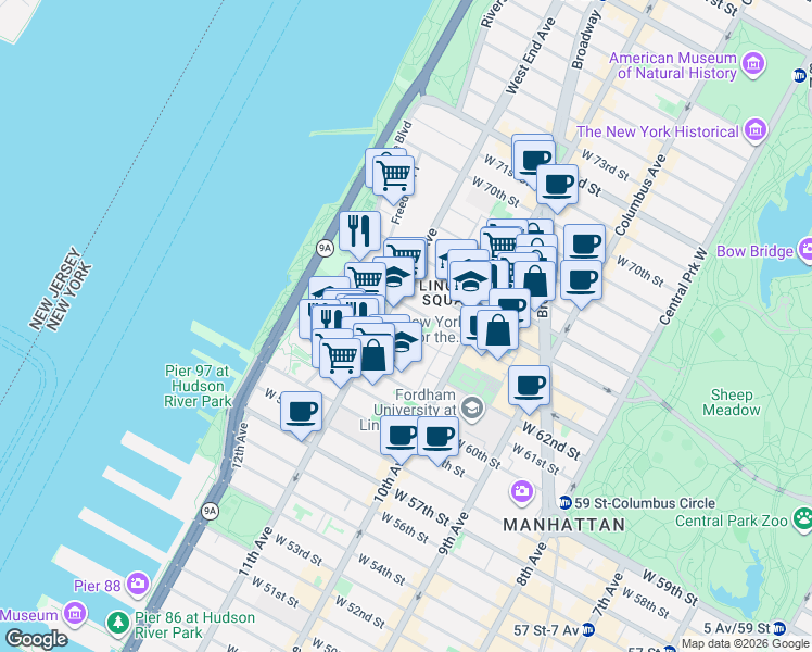 map of restaurants, bars, coffee shops, grocery stores, and more near in New York