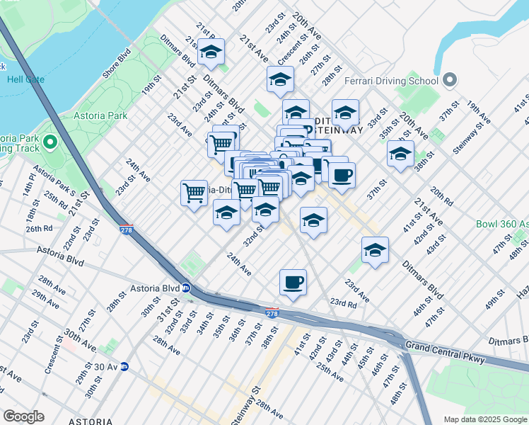map of restaurants, bars, coffee shops, grocery stores, and more near 2275 31st Street in Queens