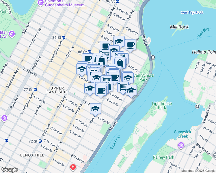 map of restaurants, bars, coffee shops, grocery stores, and more near 438 East 83rd Street in New York