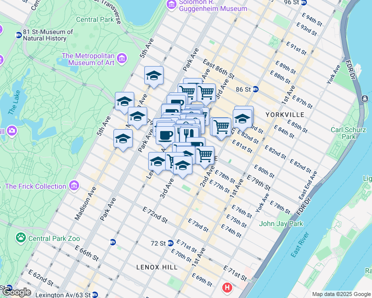 map of restaurants, bars, coffee shops, grocery stores, and more near 1380 3rd Avenue in New York