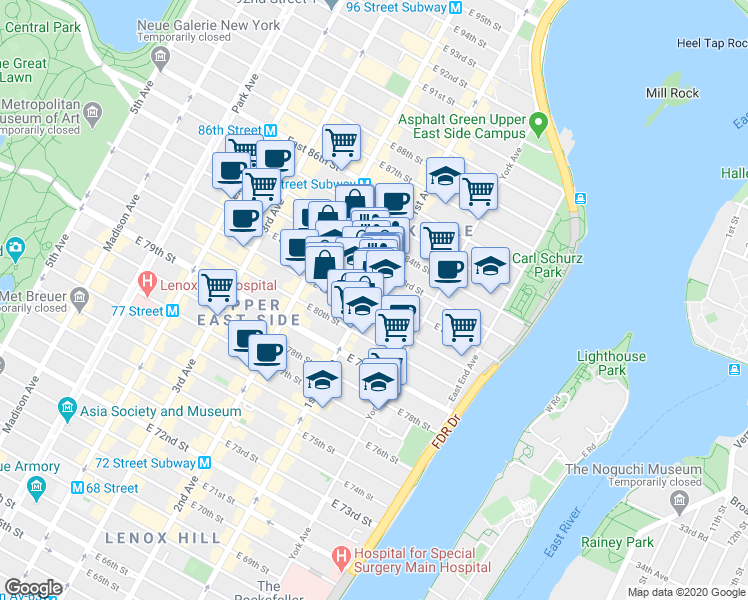 map of restaurants, bars, coffee shops, grocery stores, and more near 1572 1st Avenue in New York