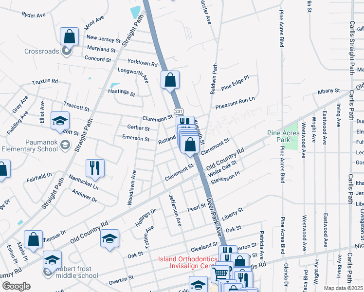 map of restaurants, bars, coffee shops, grocery stores, and more near 29 Clinton Place in Deer Park