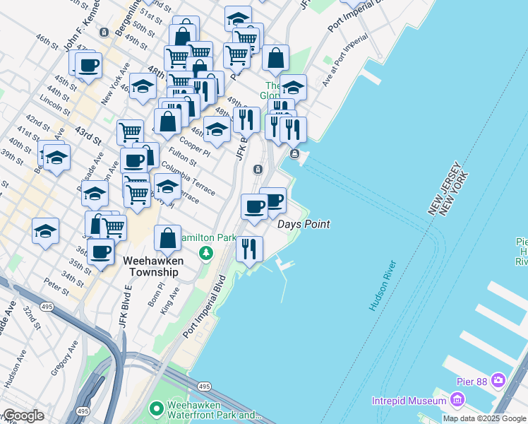 map of restaurants, bars, coffee shops, grocery stores, and more near 1100 Avenue at Port Imperial in Weehawken Township