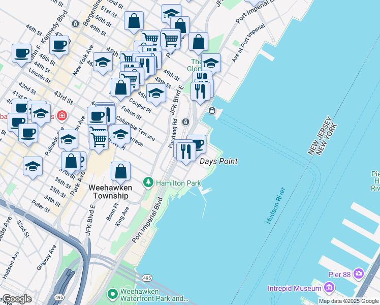 map of restaurants, bars, coffee shops, grocery stores, and more near 1100 Avenue at Port Imperial in Weehawken Township
