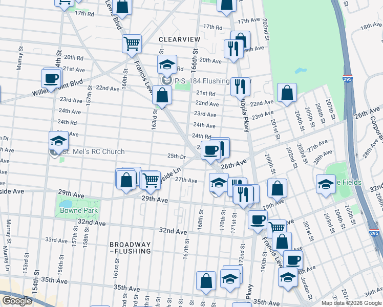 map of restaurants, bars, coffee shops, grocery stores, and more near 4 166th Street in Queens