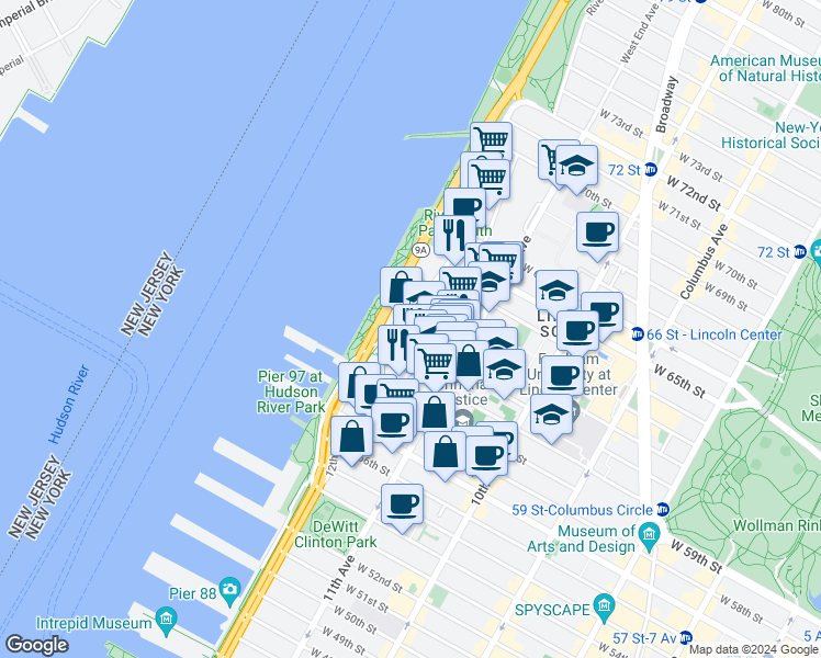 map of restaurants, bars, coffee shops, grocery stores, and more near 50 Riverside Boulevard in New York