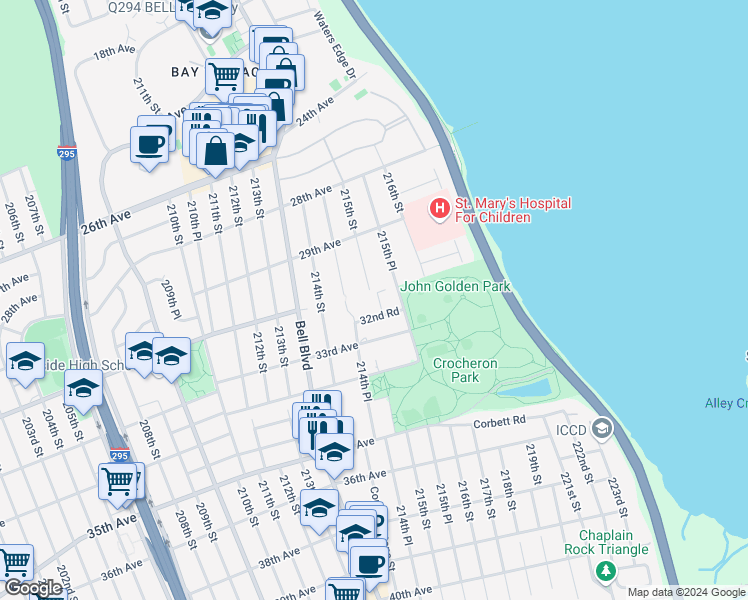 map of restaurants, bars, coffee shops, grocery stores, and more near 32-8 215th Street in Queens