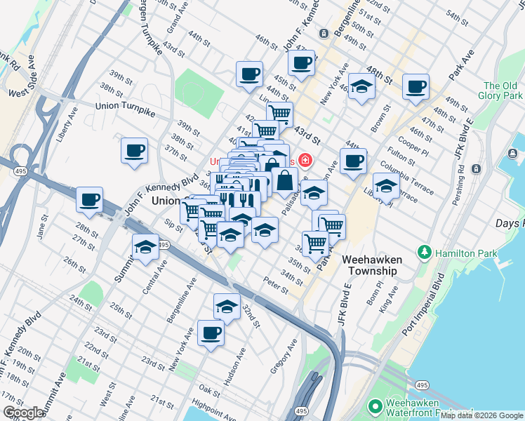 map of restaurants, bars, coffee shops, grocery stores, and more near 408 37th Street in Union City
