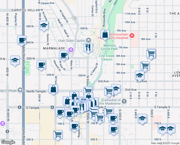 map of restaurants, bars, coffee shops, grocery stores, and more near 234 State Street in Salt Lake City