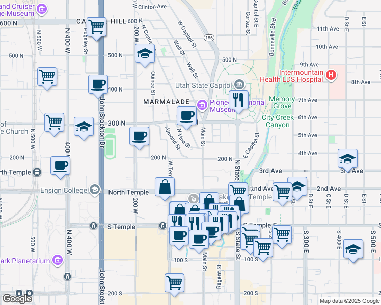 map of restaurants, bars, coffee shops, grocery stores, and more near 240 North Vine Street in Salt Lake City