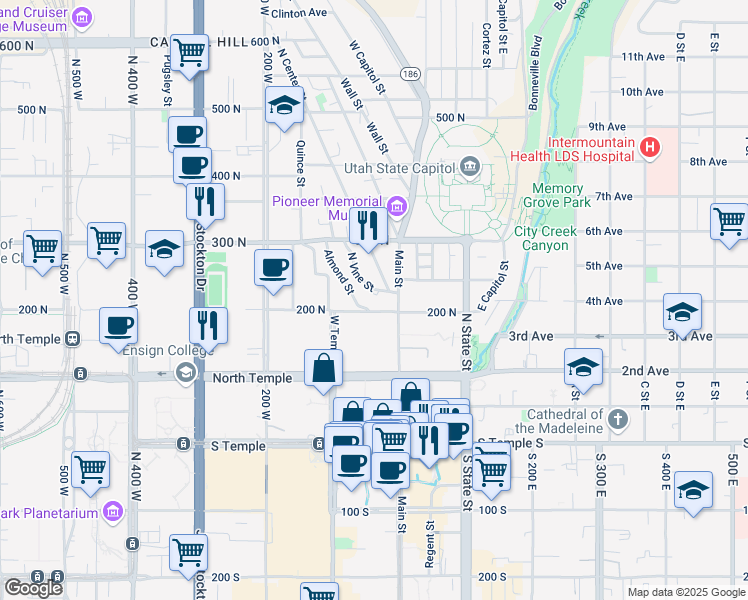 map of restaurants, bars, coffee shops, grocery stores, and more near 240 North Vine Street in Salt Lake City