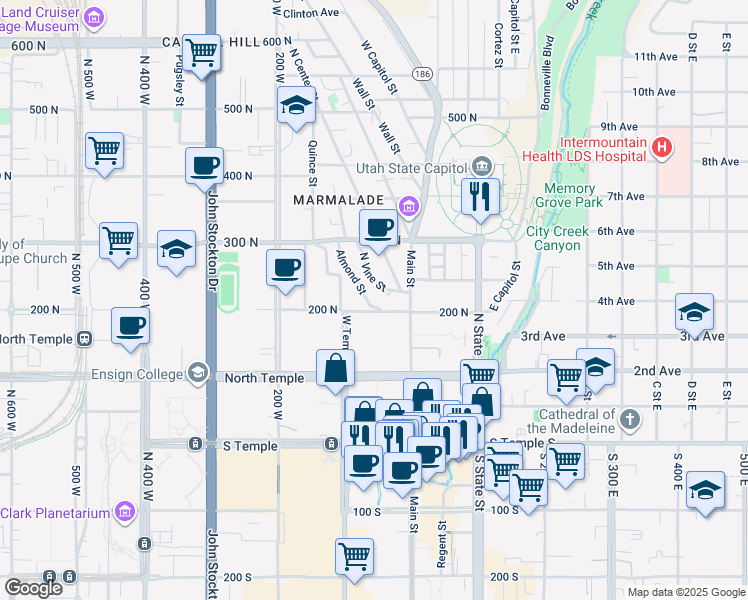 map of restaurants, bars, coffee shops, grocery stores, and more near 240 North Vine Street in Salt Lake City