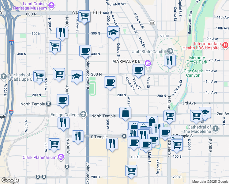 map of restaurants, bars, coffee shops, grocery stores, and more near 142 West 200 North in Salt Lake City