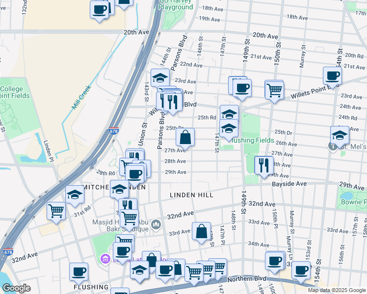 map of restaurants, bars, coffee shops, grocery stores, and more near 144-54 26th Avenue in Queens