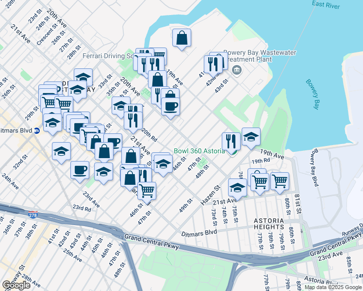 map of restaurants, bars, coffee shops, grocery stores, and more near 20-02 45th Street in Queens