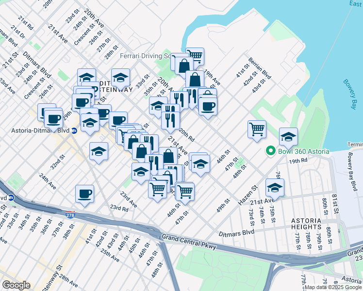 map of restaurants, bars, coffee shops, grocery stores, and more near 41-08 20th Road in Queens