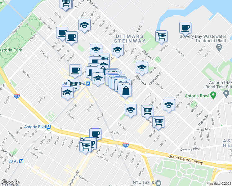 map of restaurants, bars, coffee shops, grocery stores, and more near in Queens