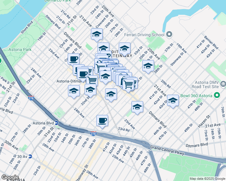 map of restaurants, bars, coffee shops, grocery stores, and more near 33-12 Ditmars Boulevard in Queens
