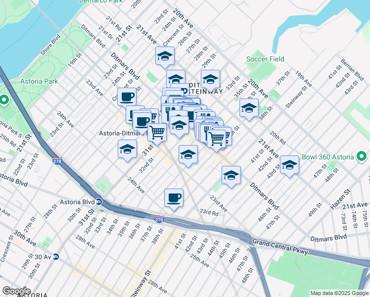 map of restaurants, bars, coffee shops, grocery stores, and more near in Queens