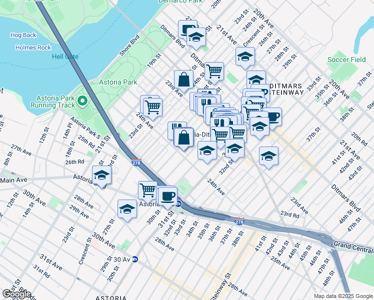 map of restaurants, bars, coffee shops, grocery stores, and more near 23-71 27th Street in Queens