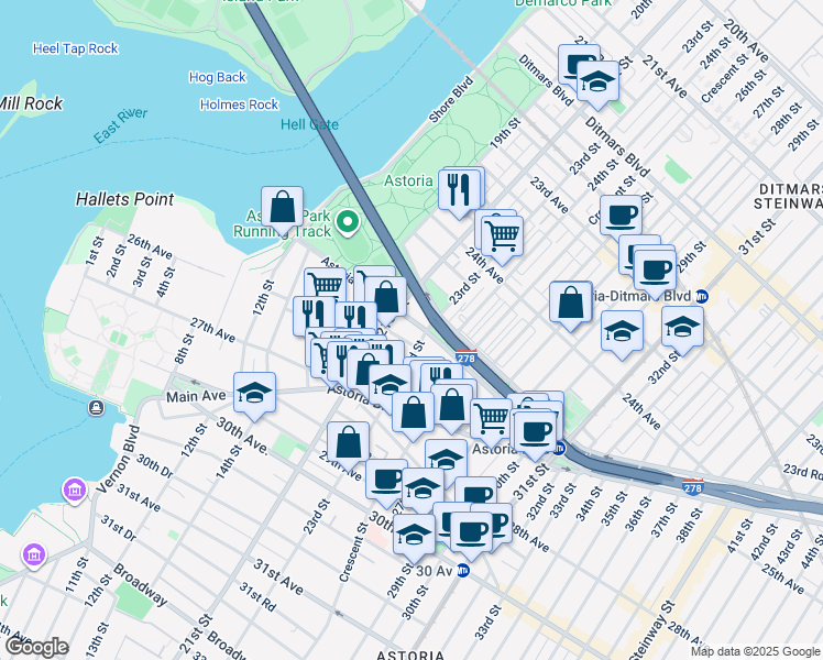map of restaurants, bars, coffee shops, grocery stores, and more near 21-20 Hoyt Avenue South in Queens