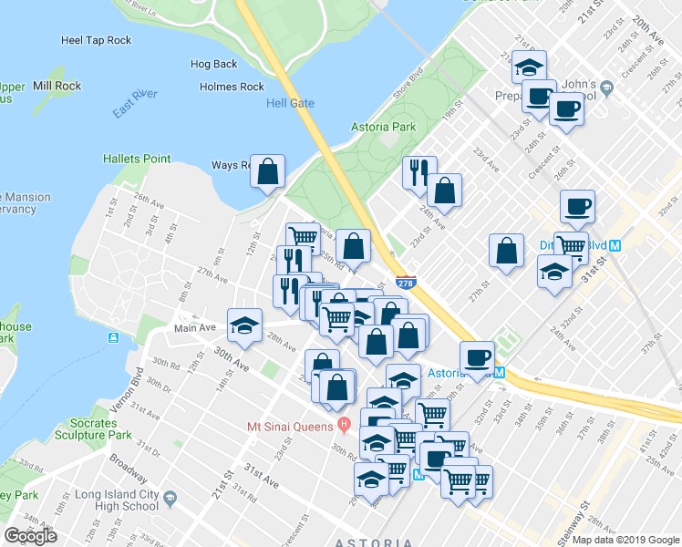 map of restaurants, bars, coffee shops, grocery stores, and more near 25-06 21st Street in Queens
