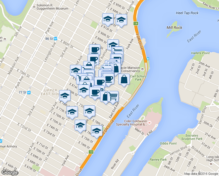 map of restaurants, bars, coffee shops, grocery stores, and more near 1575 York Avenue in New York