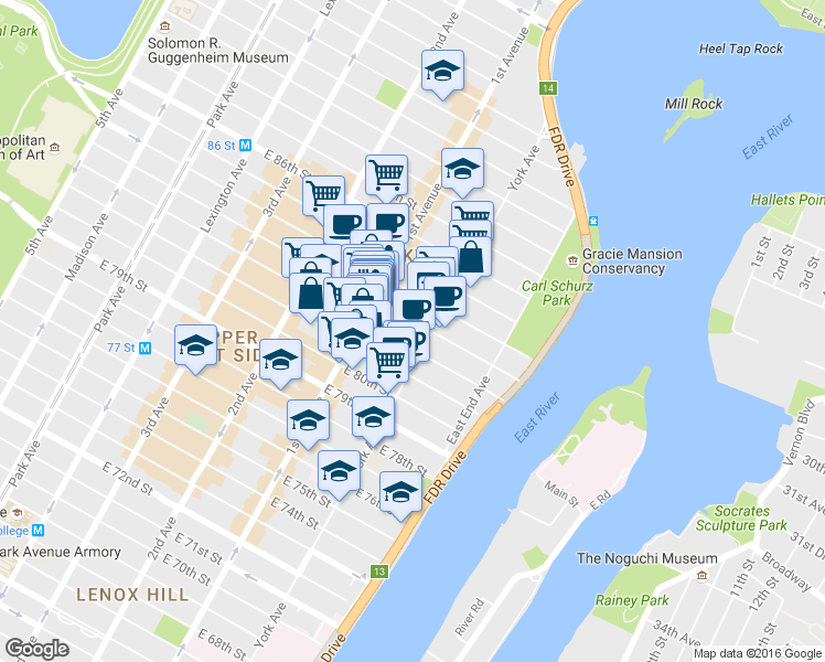 map of restaurants, bars, coffee shops, grocery stores, and more near 408 East 82nd Street in New York