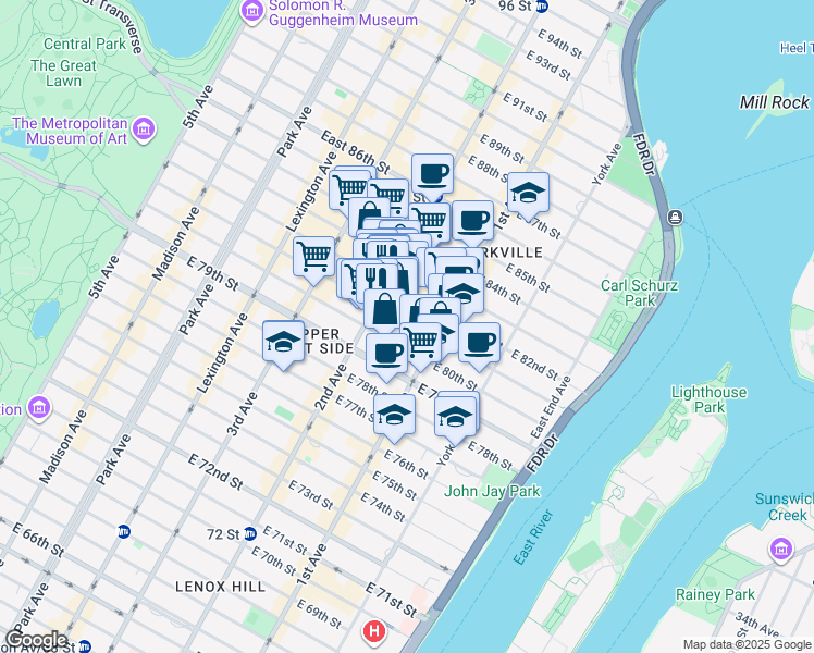 map of restaurants, bars, coffee shops, grocery stores, and more near 313 East 81st Street in New York
