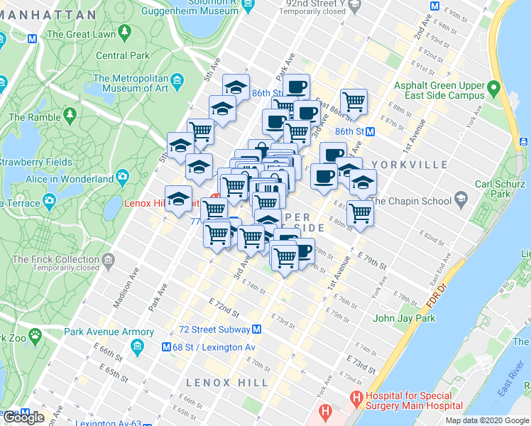 map of restaurants, bars, coffee shops, grocery stores, and more near in New York