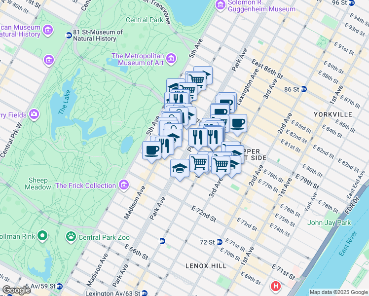 map of restaurants, bars, coffee shops, grocery stores, and more near 80 East 77th Street in New York