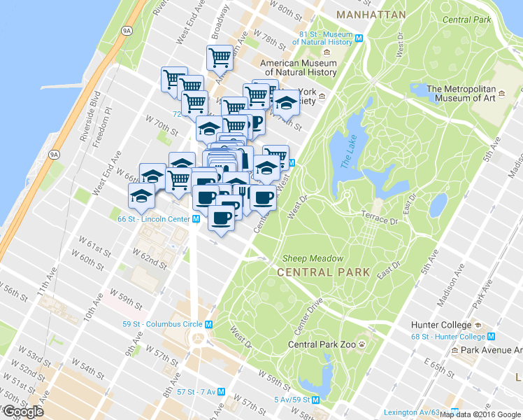 map of restaurants, bars, coffee shops, grocery stores, and more near 88 Central Park West in New York