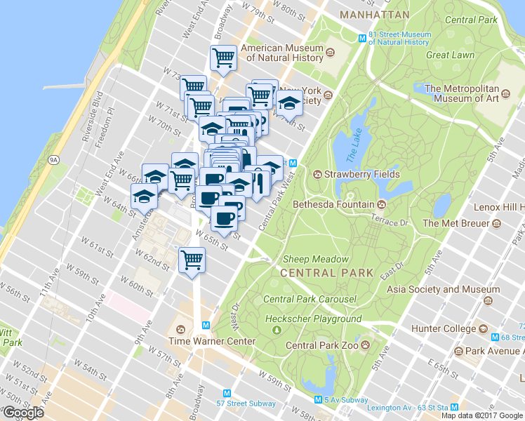 map of restaurants, bars, coffee shops, grocery stores, and more near 88 Central Park West in New York