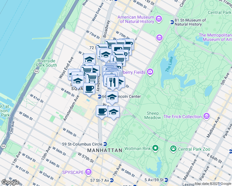 map of restaurants, bars, coffee shops, grocery stores, and more near 67 West 68th Street in New York