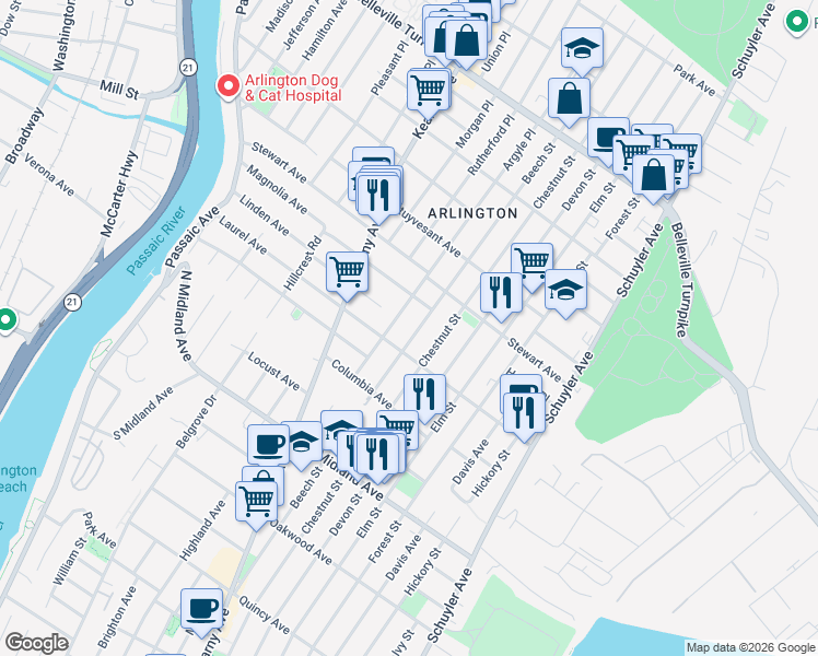 map of restaurants, bars, coffee shops, grocery stores, and more near 126 Argyle Place in Kearny