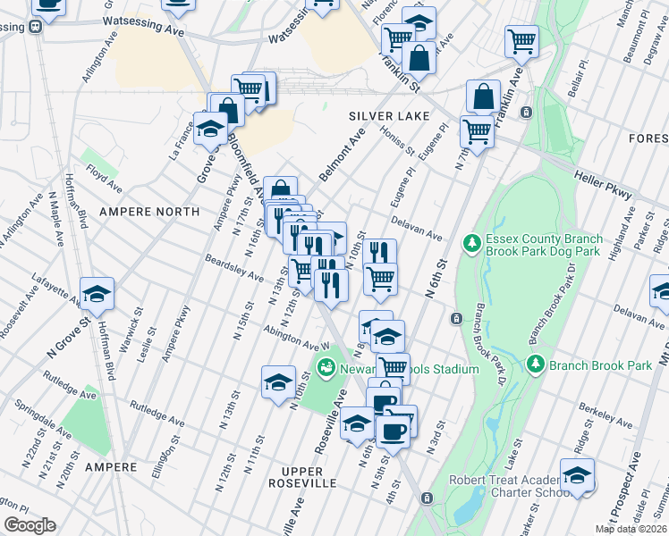 map of restaurants, bars, coffee shops, grocery stores, and more near 563 North 11th Street in Newark