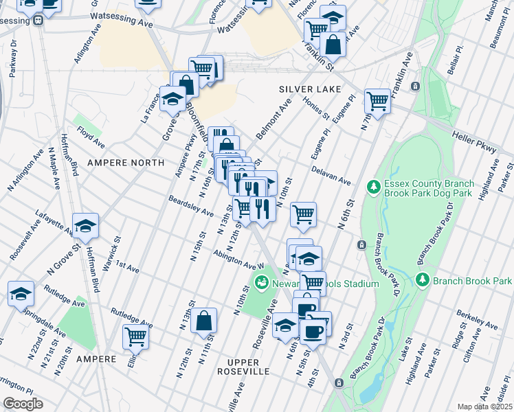 map of restaurants, bars, coffee shops, grocery stores, and more near 134-136 Davenport Avenue in Newark