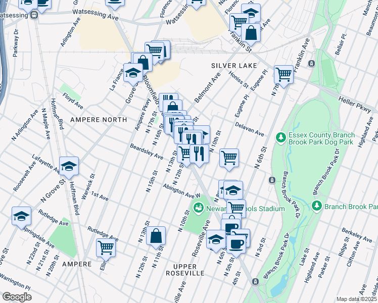 map of restaurants, bars, coffee shops, grocery stores, and more near 134-136 Davenport Avenue in Newark
