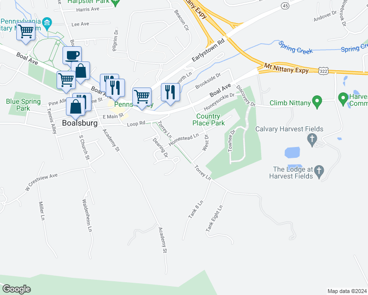 map of restaurants, bars, coffee shops, grocery stores, and more near 708 Torrey Lane in Boalsburg
