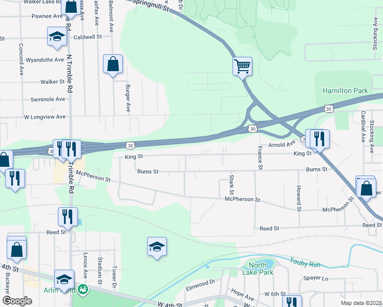 map of restaurants, bars, coffee shops, grocery stores, and more near 778 King Street in Mansfield
