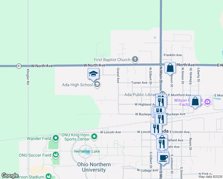 map of restaurants, bars, coffee shops, grocery stores, and more near 435 Grand Avenue in Ada