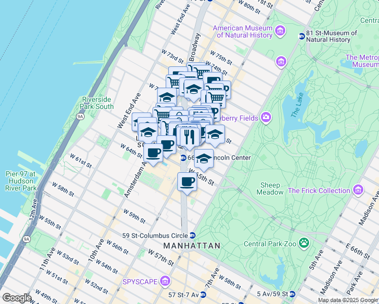 map of restaurants, bars, coffee shops, grocery stores, and more near 150 Columbus Avenue in New York