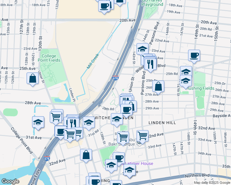 map of restaurants, bars, coffee shops, grocery stores, and more near 26-20 141st Street in Queens