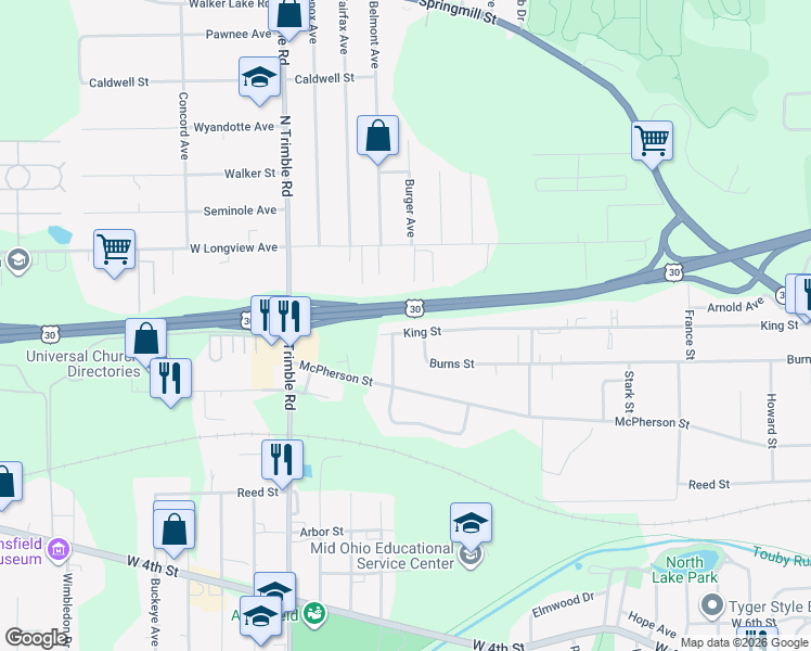 map of restaurants, bars, coffee shops, grocery stores, and more near 874 King Street in Mansfield
