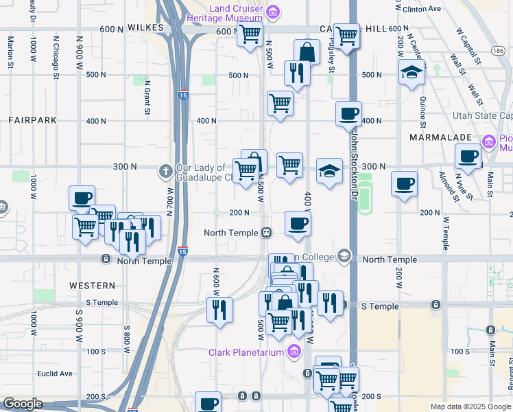 map of restaurants, bars, coffee shops, grocery stores, and more near 510 West 200 North in Salt Lake City
