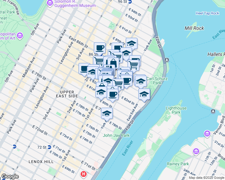 map of restaurants, bars, coffee shops, grocery stores, and more near 419 East 82nd Street in New York