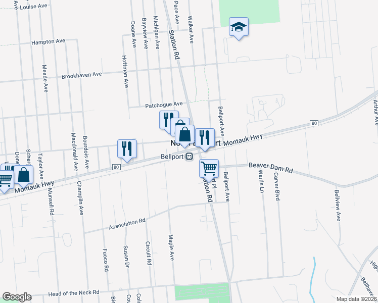 map of restaurants, bars, coffee shops, grocery stores, and more near in North Bellport