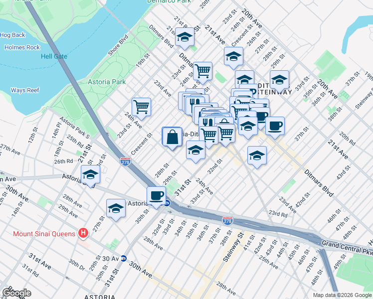 map of restaurants, bars, coffee shops, grocery stores, and more near 23-63 28th Street in Queens